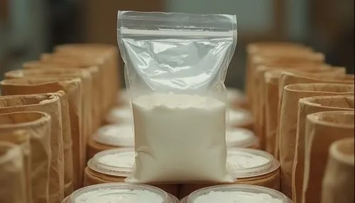 clear glass gummy bag filled with white powder, located above and below the gummy bag, numerous small circular containers of plastic at either end of the gummy bag, some container lids are visible, br
