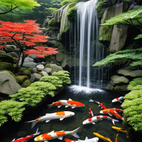 Imagine a serene garden with koi fish swimming under a cascading waterfall.,koi pond,koi fish,koi carps,ornamental fish,fishes,koi carp,koi,fish pond,beautiful japan,fish in water,school of fish,tropi