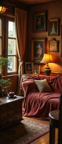 A warm and nostalgic indoor atmosphere with earthy tones and vintage patterns. The walls are adorned with intricate wallpaper, while wooden furnishings with a natural finish enhance the rustic charm. 