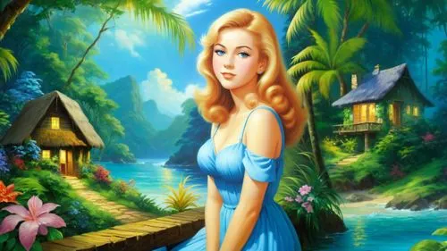 Romantic masterpiece oil painting, cute girl portrait, nostalgic 1950's style kitsch, vibrant rainforest cottage landscape, lush tropical jungle paradise, summer beach scenery, by Thomas Kinkade, by B