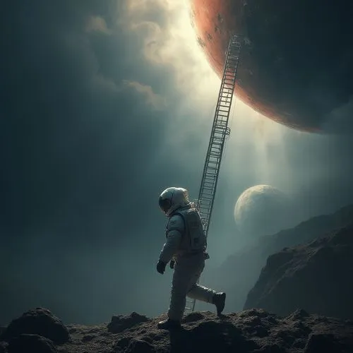 An astronaut put on a suit and climbs up a long ladder hanging from a planet,an astronaut walking up a steep staircase toward a huge planet,astronaut,sci fiction illustration,explorers,astronomer,phot