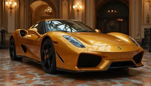A golden luxury sports car parked inside an elegant, ornate hall.,a sports car sitting in an elegant room,luxury sports car,yellow orange,electric sports car,yellow car,sport car,lotus with hands,oran