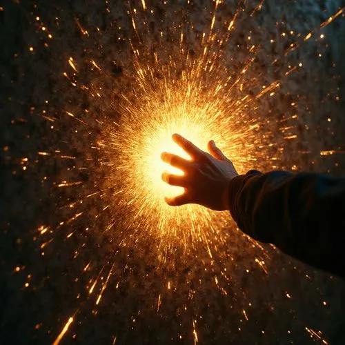A powerful hand smashing a dark wall into pieces, with bright waves of golden light exploding from the center. Dark tones for the wall, vibrant warm colors for the light. Dynamic and inspiring vibe,a 
