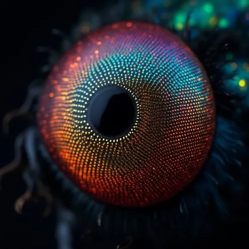 close-up of a beautiful hoverfly eye\( beautiful, cosmic-colored, shining, big eye, delicate compound eyes,glowing, reflection of beautiful colorful lights\). very carefully described. very high resol
