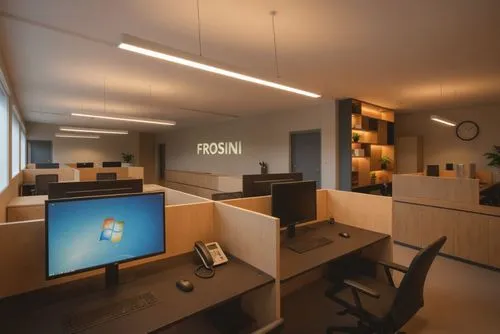 an office with monitors on both cubicles and a clock,modern office,blur office background,assay office,offices,conference room,creative office,computer room,office,consulting room,meeting room,working