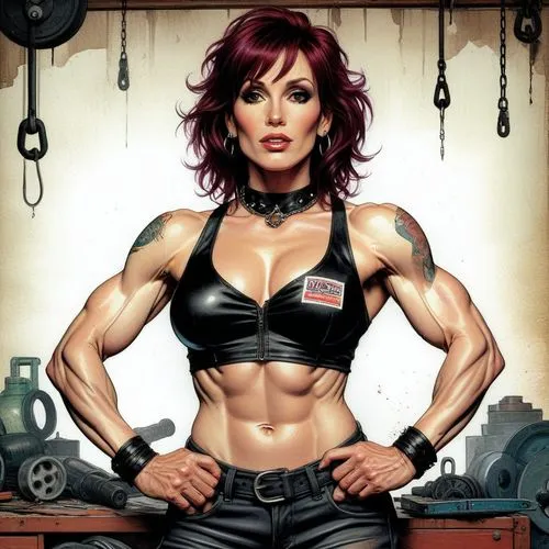 half figure Rough (color pencil sketch on old cracked paper), 
((Young) beautiful goth female (Marilu Henner, (muscle babe, big muscles, defined muscles)), in corsage),
 cruel seductive smile, dark se