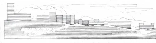 sheet drawing,line drawing,topography,landscape plan,japanese wave paper,mountain slope,mountainous landforms,waveform,panoramical,mountainous landscape,mountain ranges,industrial landscape,city skyli