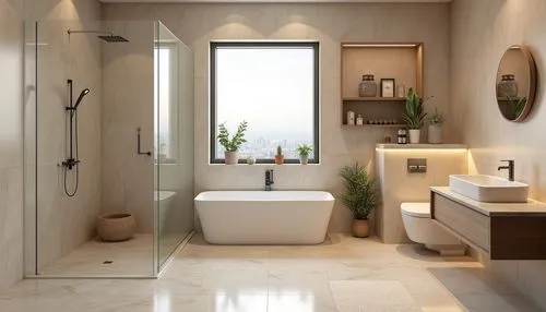 
A modern and elegant bathroom with a warm, earthy aesthetic, featuring walls and floors clad in polished beige marble with subtle natural veining, creating a seamless and luxurious look, the room is 
