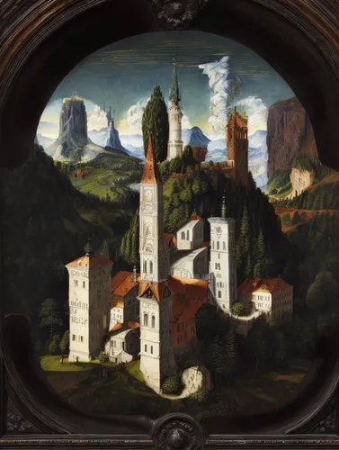 volterra,meteora,piemonte,barberini,church painting,alhambra,montepulciano,bellini,tuscan,mountain settlement,florentine,rustico,l'aquila,oberlo,lombardy,panoramic landscape,renaissance,italian painte