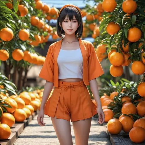 anime character,japanese style,girl,oranges,a woman walking down a path next to lots of oranges,oranges,orange,tangerine,oranges half,orange color,mandarin orange,Photography,General,Realistic