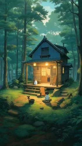 a cabin in the woods near a forest with two children sitting outside,house in the forest,small cabin,summer cottage,the cabin in the mountains,cabin,cottage,forest house,log cabin,lonely house,little 