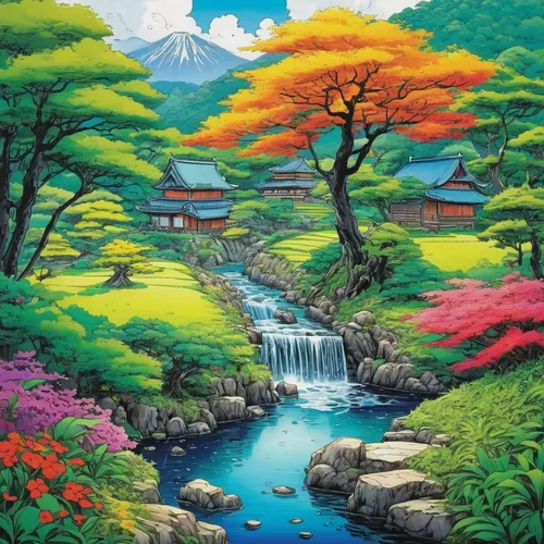 Draw a serene landscape with vibrant colors,japan landscape,japan garden,japanese floral background,japanese mountains,landscape background,japan,beautiful japan,japanese art,mountain scene,芦ﾉ湖,mounta