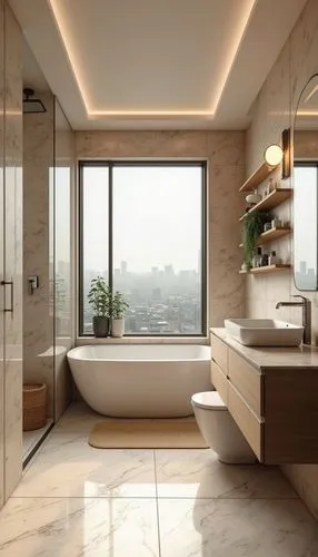 
A modern and elegant bathroom with a warm, earthy aesthetic, featuring walls and floors clad in polished beige marble with subtle natural veining, creating a seamless and luxurious look, the room is 