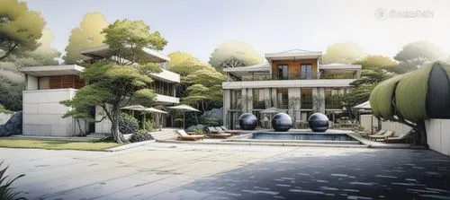the drawing shows a mansion in a forest area,acropolis,villa,neoclassical,palatial,federal palace,neoclassic