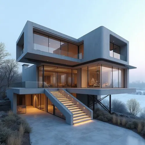 A hyper-realistic, high-resolution architectural photograph capturing a striking, multi-level contemporary home constructed primarily from smooth, exposed concrete. The design is characterized by dram