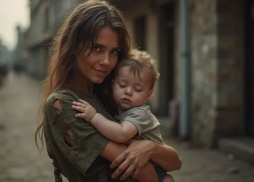 A beautiful beggar woman with a muscular body, long brown hair, wearing a military torn T-shirt and black shorts.
She carries her small child in her arms and rocks him to sleep.
She is very happy.,wom