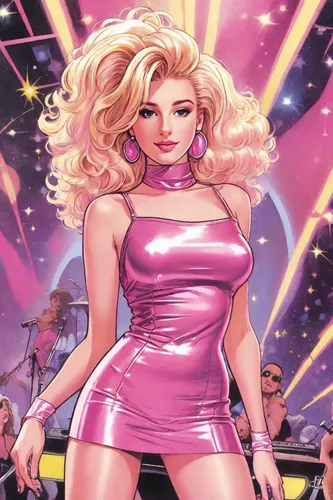 pink-blonde hair, Jem, pink latex dress, pop singer in a band, performing on stage, sparkles, lip gloss, 1980s-style, animated series style,pink lady,femme fatale,pink diamond,rosa ' amber cover,pink 
