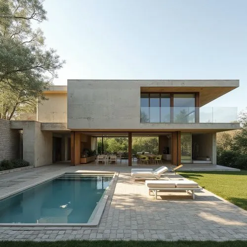  ,a concrete house with a pool surrounded by green grass,dunes house,modern house,pool house,mid century house,modern architecture,house shape