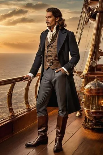 a man with long brown hair and a mustache standing on a boat,merchantman,commandeer,merchantmen,galleon ship,pirating,on the ship,laird,seafaring,scarlet sail,at sea,sailing ship,yachtsman,pirate,sea 