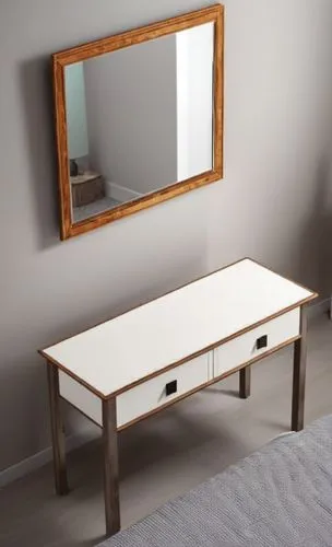 a white table with a drawer underneath and a mirror above,dressing table,wood mirror,washstand,mobilier,folding table,mirror frame,toilet table,vanities,danish furniture,highboard,hemnes,miroir,writin