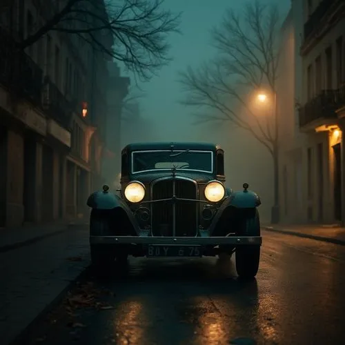 a old car parked on the side of a road at night,oldtimer car,vintage car,beetle fog,oldtimer,deakins,classic car
