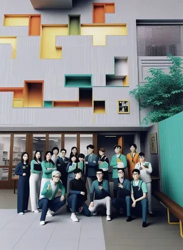 an image of people in front of a building,cube house,parceled,cube background,staff video,dormitory,cubic house
