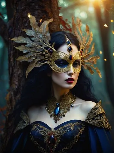 Fantasy, mysterious woman, ornate golden mask, gemstone encrusted, intricate filigree details, porcelain-like skin, crimson lips, raven hair, flowing silk cloak, velvet textures, mystical forest, mist