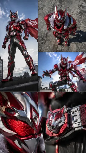 Kamen Rider with a red wolf theme and styling,   ,some pos of some weird red and white robots,transforms,carmine,red chief,red super hero,red motor,repaints,transformable,sky hawk claw,armored,dragoon