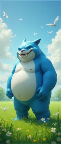 A stunning figure, plump and a mischievous grin, stands in front of a large green lawn. His body is a piercing blue, with a white body floating lazily. His fists curl gently from the wind, while his b