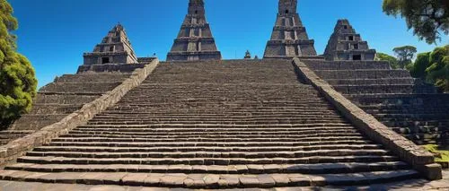 Ancient Aztec temple, Mexico City, architecture tour, sunny day, blue sky, vibrant colorful decorations, intricate stone carvings, ornate columns, grand staircases, mysterious atmosphere, dramatic lig
