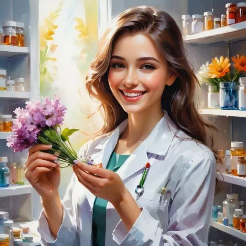 beautiful girl pharmacist holding a pill and flowers in her hands, smiling,pharmacist,medical illustration,flower painting,pharmacy,apothecary,homeopathically,medicine icon,chemist,medicinal products,