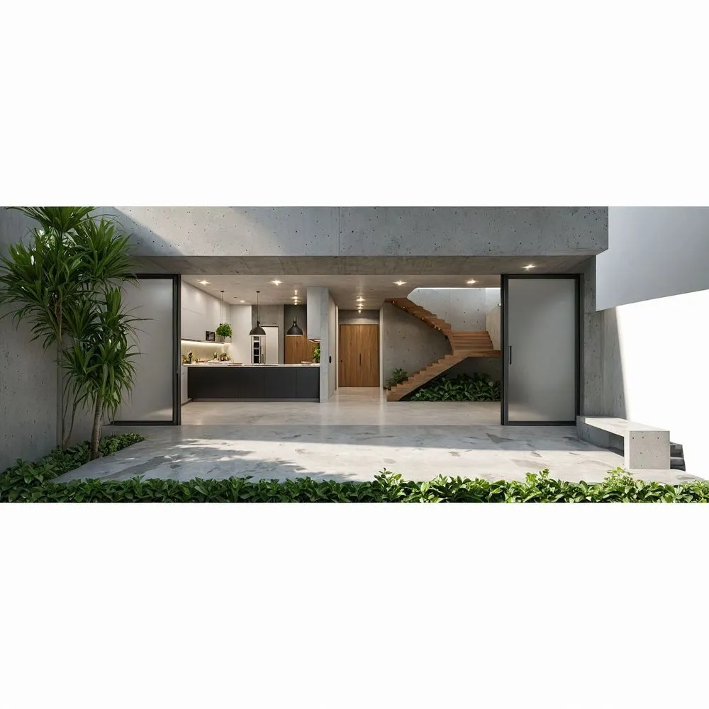 a minimal house with stairs leading to the dining room