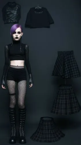 Goth Paper doll futuristic cyberpunk emp punk goth girl in black sleeveless shirt , black spandex shorts, complete full length fishnet and black goth knee Boots, standing surrounded by with a set of g