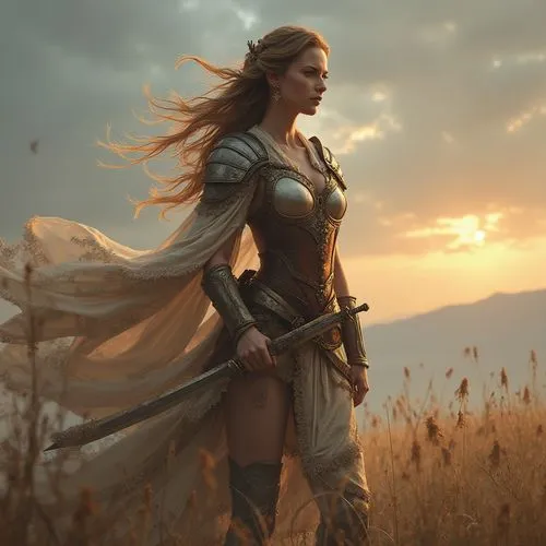 Eine anmutige Kriegerin. Die Königin des Schlachtfeldes.,the female elf is in a field holding swords,female warrior,leona,warrior woman,krietor,jaina,sandahl