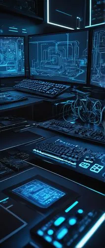 Control Design in Computer Architecture PPT, futuristic laboratory, sleek modern desk, multiple monitors, keyboard, mouse, CPU models, wires, circuits, diagrams, blueprints, 3D chips, motherboards, fu