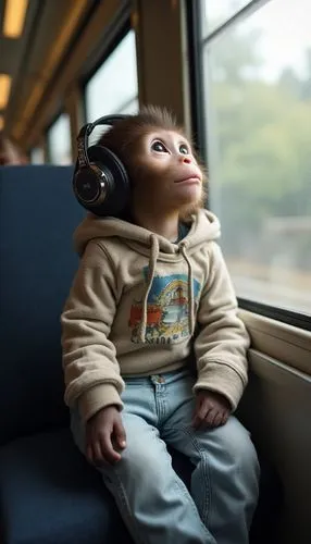A young monkey, likely a macaque, is seated in a train car. The monkey is wearing a light brownish-gray hoodie with a graphic print on the front, light blue jeans, and dark headphones. It's positioned