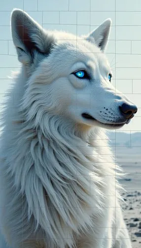 woman grey head in a desert. Her eyes are filled with intense focus as she strolls with her loyal beauty of a white werewolf , capturing the world of reality and technology. This transformation is cap