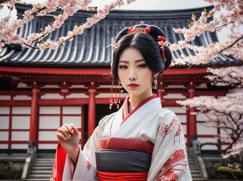 Androgynous, youthful Orisha, shrine maiden, Japanese-inspired, white and red hakama, intricately designed obi, long black hair, adorned with ornate silver pins, subtle blush, bold eyebrows, mysteriou