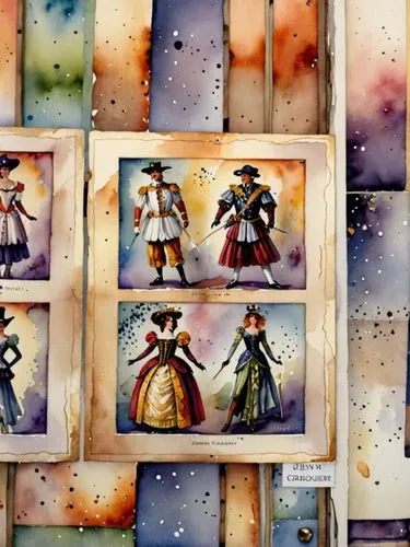 Театральные костюмы,many watercolor paintings of people wearing renaissance outfits,watercolor frames,watercolor frame,watercolors,watercolor tea,watercolor background,watercolor painting