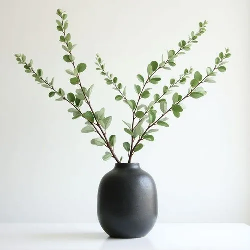 delicate elegant decorative branches with small green leaves ,on white wall,frontview, simple elegant  black stone vase
,black vase with a nch in it on white surface,dark green plant,indoor plant,deco