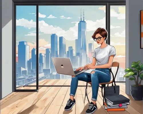 Modern young woman, architecture design blogger, solo, (25yo), stylish short hair, trendy glasses, minimal makeup, casual yet chic outfit, white t-shirt, distressed denim jeans, black sneakers, MacBoo