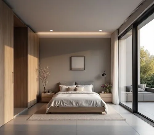 a large white bed sitting in the center of a bedroom,modern room,bedroom,bedrooms,interior modern design,modern decor,contemporary decor,sleeping room,guest room,bedroom window,great room,hinged doors