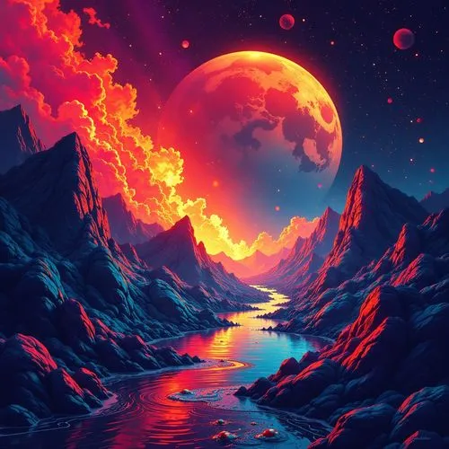 kaling,an artistic painting of a sunset scene,lunar landscape,fire planet,volcanic,lava river,moonscape,volcanic landscape,fire background,alien planet,fantasy landscape,valley of the moon,Conceptual 