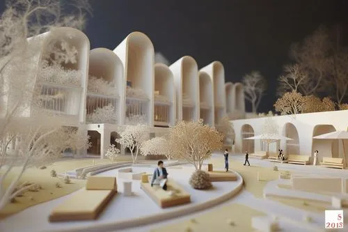 two people are standing on the outside of an architectural model,school design,model house,philharmonic hall,redevelopment,cube stilt houses,sanatoriums,render,snow roof,chancellery,winter village,ren