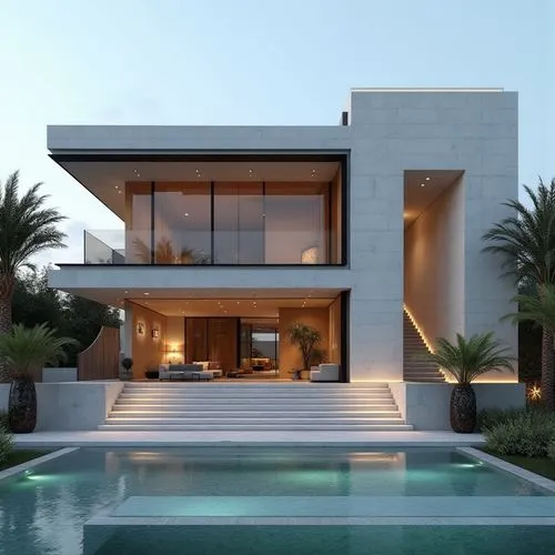 A hyper-realistic, high-resolution architectural photograph capturing a grand, ultra-modern luxury mansion at twilight. The building’s façade is composed of smooth white stone panels contrasted with s