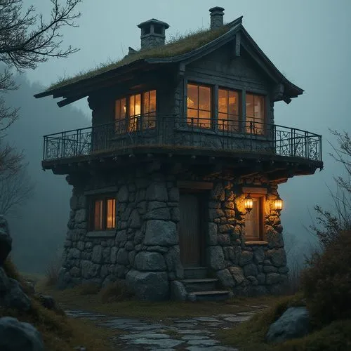 Rustic Watching Tower, weathered stone walls, moss-covered roofs, wooden accents, distressed metal details, earthy tones, natural textures, rough-hewn wood planks, wrought iron railings, lantern-style