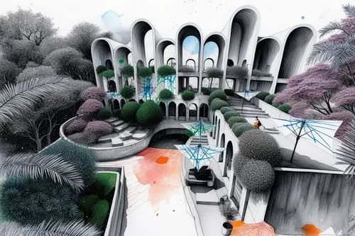 a drawing of a building and some trees,towpaths,virtual landscape,plane trees,embankments,viaducts,futuristic landscape,footbridges,superhighways,overpass,scenic bridge,ravines,parkways,explorable,und