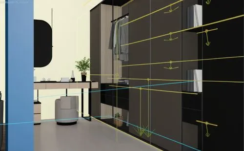 an image of a office with yellow tapes on the wall,smart house,eye tracking,modern kitchen interior,renders,hallway space,kitchen design,render,interior modern design,core renovation,walk-in closet,re