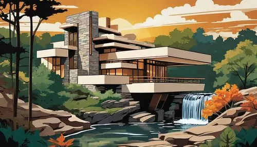 Organic Fallingwater-inspired building, 20th century modern style, Frank Lloyd Wright design, curved lines, natural stone walls, cantilevered roofs, large windows, open floor plan, harmonious integrat
