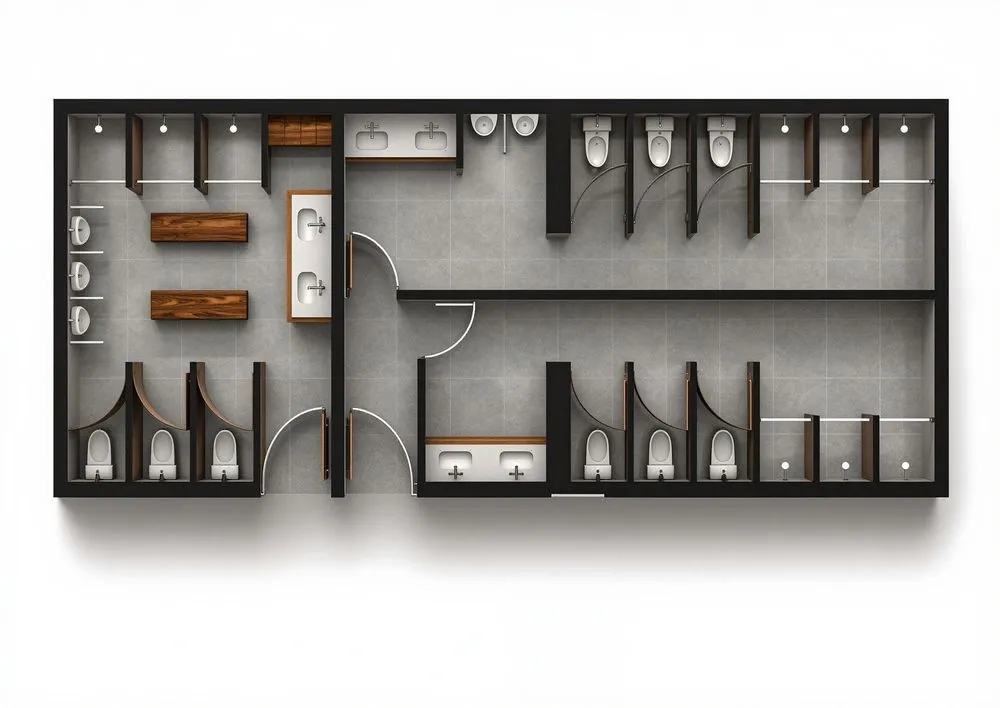 a rendered top down view of a two - level office with desks and chairs